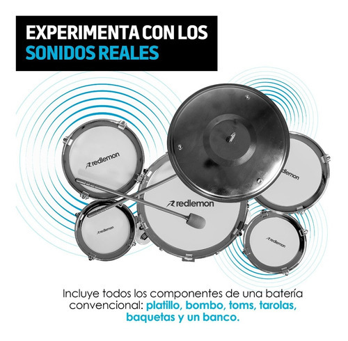 Bateria Para Niños Banco Platillo Bombo Baquetas Redlemon