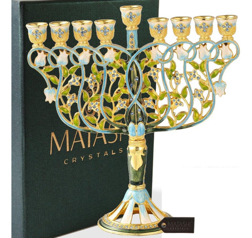 Matashi Tall Hand Painted Enamel Menorah Candelabra Embellis