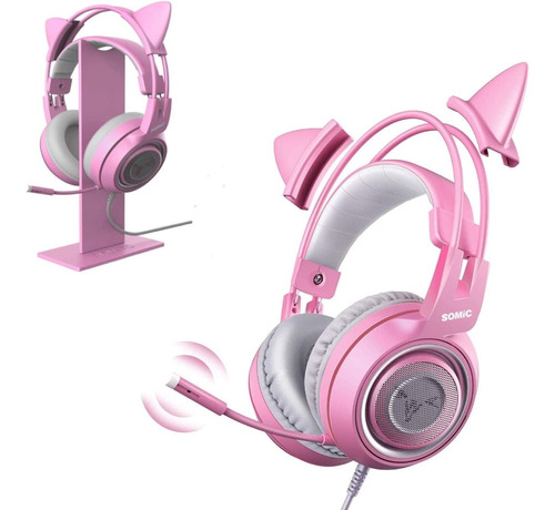 Auriculares Estereo Con Microfono + Soporte | Rosa / Cable