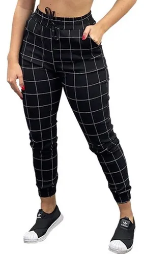 Calça Xadrez Feminina Skinny luxo Risco Cintura Alta Tendência