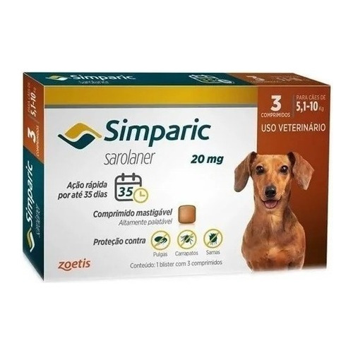 Antipulga Simparic 5 A 10kg 20mg C/3 Comprimidos Original Marrom