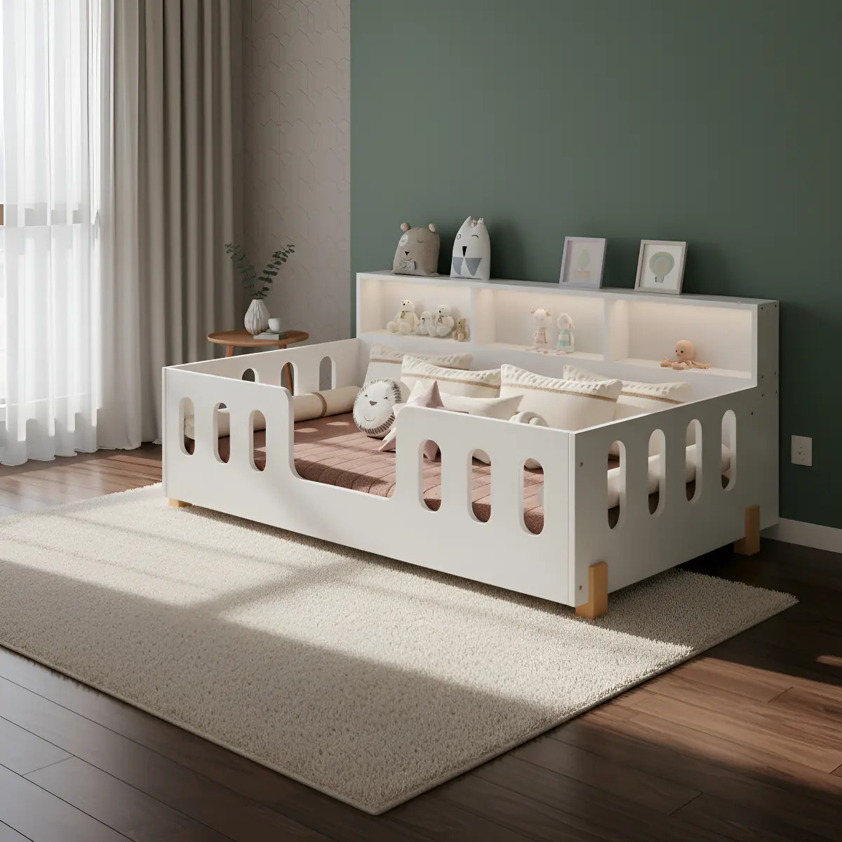 Cama Criança Infantil Montessoriana Nina + Nicho E Luminária Branco
