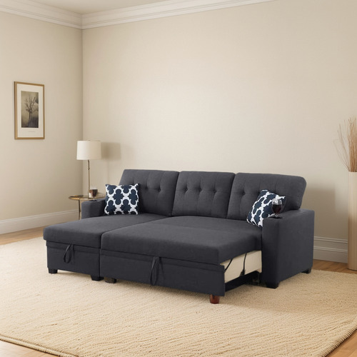 Sofa Cama Reversible Portavasos Tela Color Gris Devion F