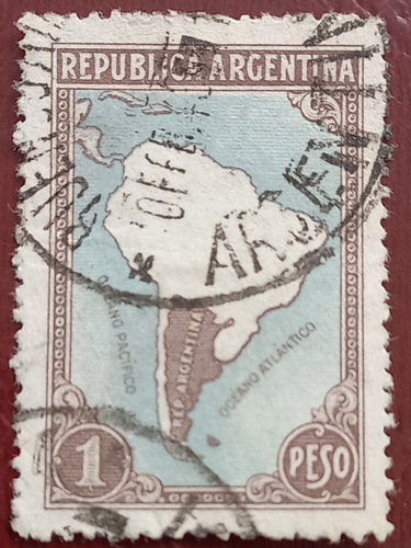 Estampilla Argentina, Mapa De Suramérica, Celeste Y Blanca.