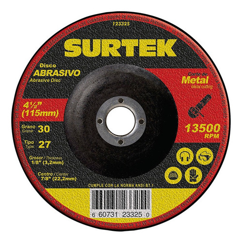 Disco De Corte Surtek Tipo 27 Metal 4-1/2  X 1/8  X 7/8 