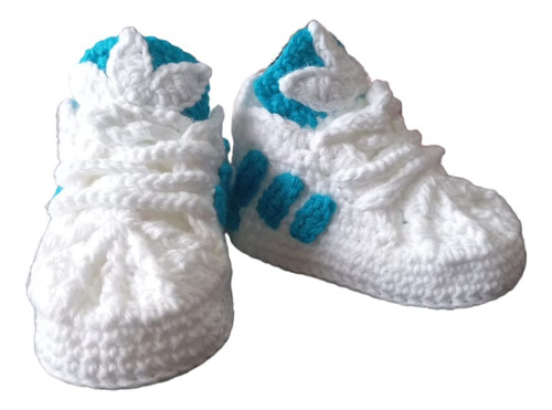 Tenis Zapato 3lineas Azul Celeste Bebe Tejido Crochet A Mano