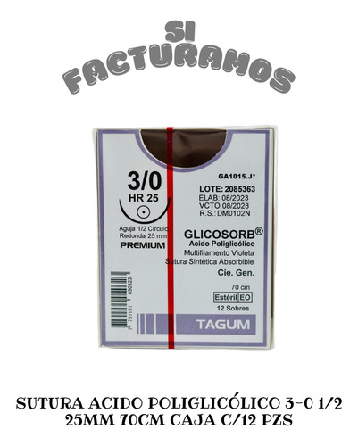 Sutura Acido Poliglicólico 3-0 1/2 25mm 70cm Caja C/12 Pzs