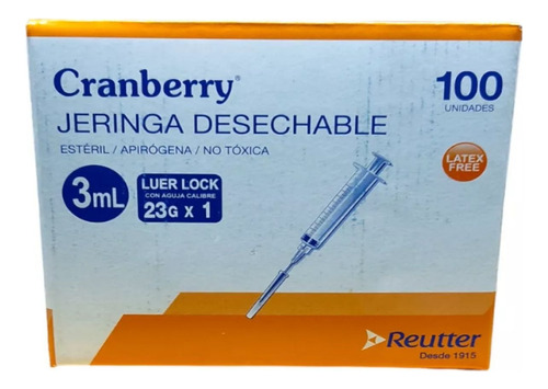 Jeringa Desechable Luer Lock 3cc 23g X 1 Caja 100 Unid. V/a