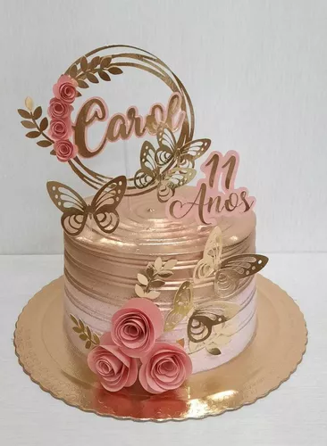 Topper/Topo de Bolo delicado e Personalizado com flores de Papel