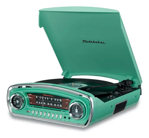 comprar Studebaker - Tocadiscos Estilo Retro Color Verde Azulado, Bluetooth Con Radio Am\u002Ffm Y Control De Pitch - ¡revive Tus Vinilos!
