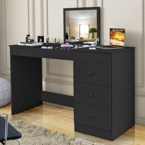 Penteadeira Compacta Multiuso Em Mdp 3 Gavetas Espelho 3mm P/ Quarto Closet Maquiagem Cor Preto Ps Móveis