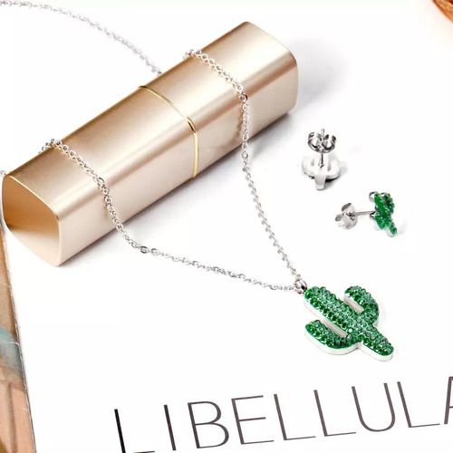 Imagen 2 de 3 de Conjunto De Collar Y Aretes De Cactus Con Cristales En Acero