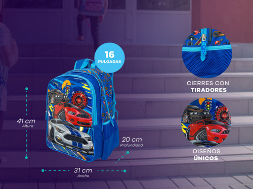 Mochilas Escolar Reforzada 3 Bolsillos Nene Varon Primaria Color Azul Diseño De La Tela Autos