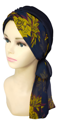 Turbante Gorro Para Mujer C/banda Oncológico Quimio. Algodon Color Azul Oscuro Con Amarillo
