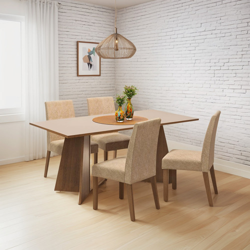 Mesa De Comedor Con Mesa Y 4 Sillas April Madesa Mc Color Marrón/Crema Diseño de la tela de las sillas Liso