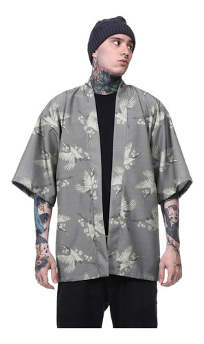 Kimono Haori Casaco Japonês Oni Cisne Floral Japão Onda Mar