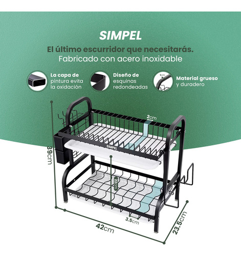 Secador De Platos 2 Niveles Con Tapete Simpel Loza Vajilla
