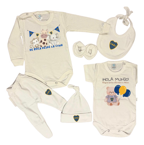 Ajuar 6 Piezas Bebe Recien Nacido Boca Juniors Regalo Blanco Rn