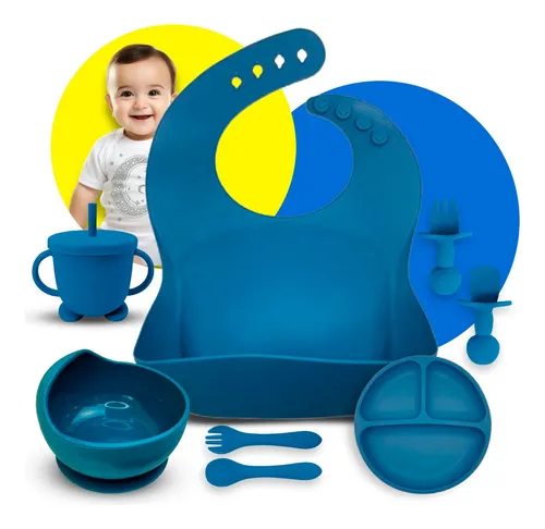 Kit 8 Alimentação Bebê Silicone Prato Babador Introdução Alimentar Infantil Conjunto Papinha Pratinho Cor Azul Clickbuy