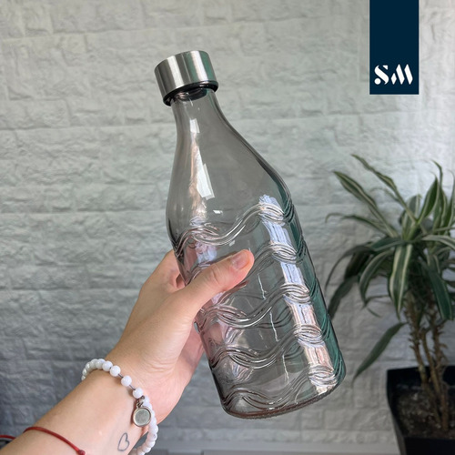 Botella De Vidrio Redonda Con Diseños Tapa De Metal 1 Litro