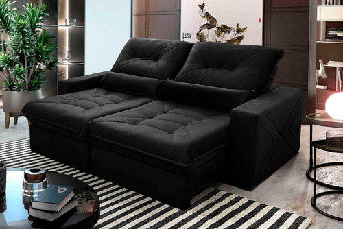 Sofá Retrátil Reclinável Sevilha 3,00m Suede Preto C/ Molas