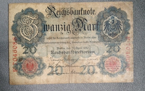 Billete Alemán Antiguo De 20 Marcos Año 1910 Estado Bueno 