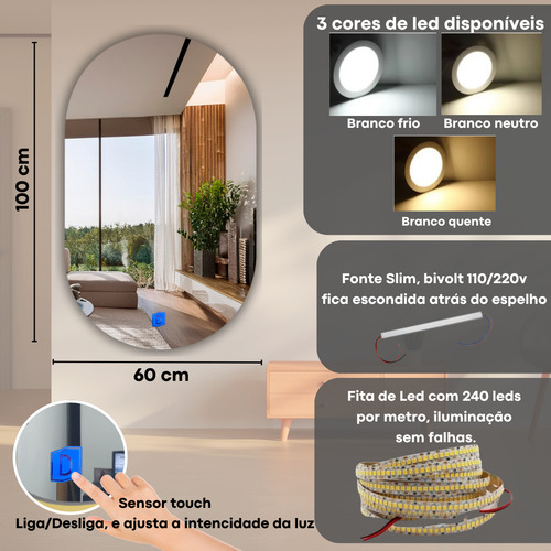 Espelho Oval 100x60cm Com Iluminação Em Led E Sensor Touch