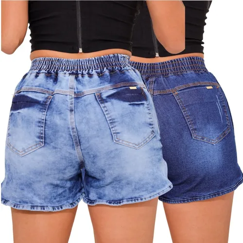 Kit 2 Shorts Cordinha Jeans Feminino El stico Cintura Alta