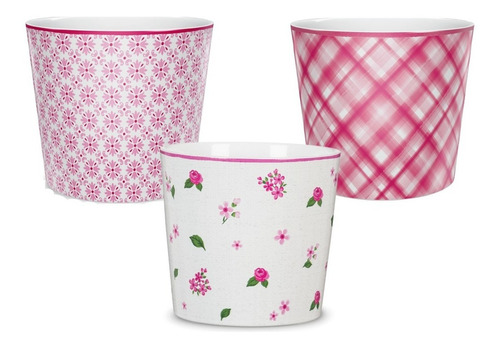 Conjunto 3 Cachepos Branco Com Rosa Para Flores, Plantas