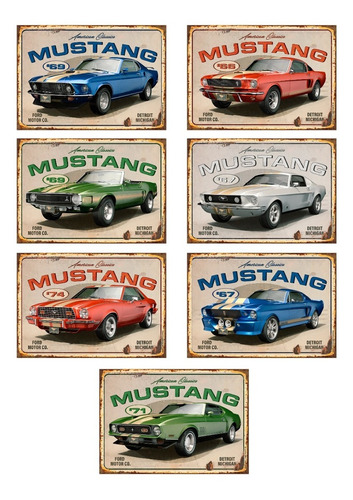 7 Carteles Metalicos Ford Mustang Colores Diseños 20x30 Cms