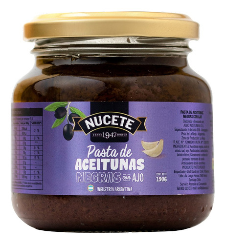 Pasta De Aceitunas Negras Con Ajo Nucete X 190 Gr