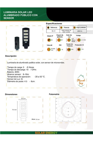 Imagen 8 de 8 de Lampara Solar De Alumbrado Publico 120w Con Sensor Y Soporte