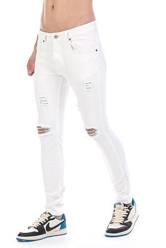 Imagen 1 de 6 de Jeans Pantalón De Mezclilla Stretch Blanco Hombre Demolición