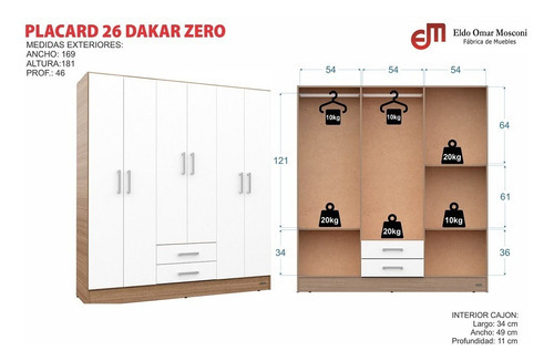 Placard Ropero 26 Dakar Zero 6 Puertas 169 X181 X46 Mosconi Color Tabaco