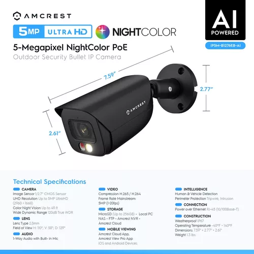 Amcrest Cámara IP PoE AI de 5MP con visión nocturna a color de 49 pies,  cámara de seguridad para exteriores, micrófono integrado, detección de  humanos