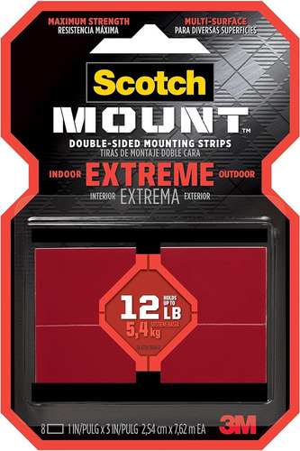 8 Tira Doble Cara 3m Scotch Extreme Mount 2.5cmx7.6m 5.4kg 