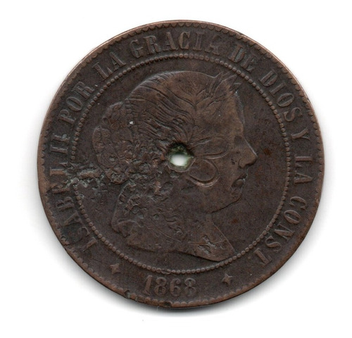 España Moneda 5 Centimos Año 1868 Km#635.2 Isabel Ii