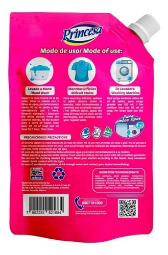 Detergente Liquido Ropa Princesa Frutos Rojos Bolsa 805ml