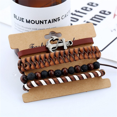 Pulsera De Piel De Vaca Con Cuentas De Madera Y Piedra