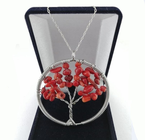 Colgante Árbol De La Vida Coral Rojo Natural Cadena De Plata