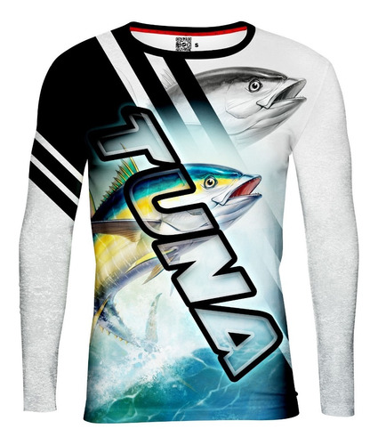 Playera Jersey Pesca Deportiva M Larga Pez Tuna Blanco Negro