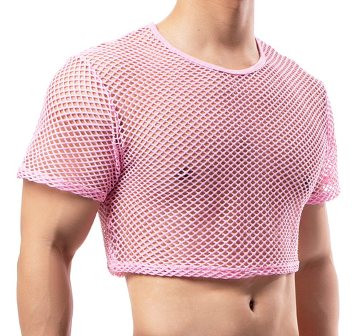 Camiseta Masculina De Malha Fishnet Crop Tops, Camiseta Tran