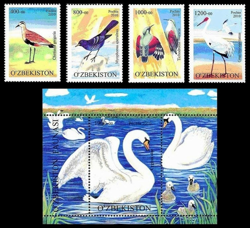 Fauna - Aves Diversas - Uzbekistán - Serie + Block Mint