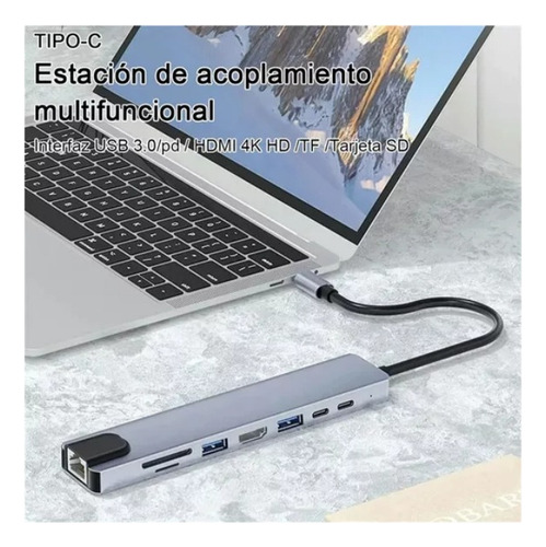 Hub 8 En 1 Usb C Usb 3.0 Hdmi 4k Pd Tf Sd Rj45 Lan 100mbps