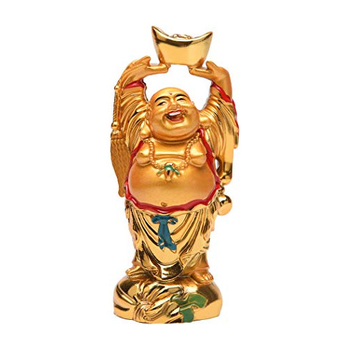 Resina Feng Shui Dorado Riendo Buda Sosteniendo Lingote Esta