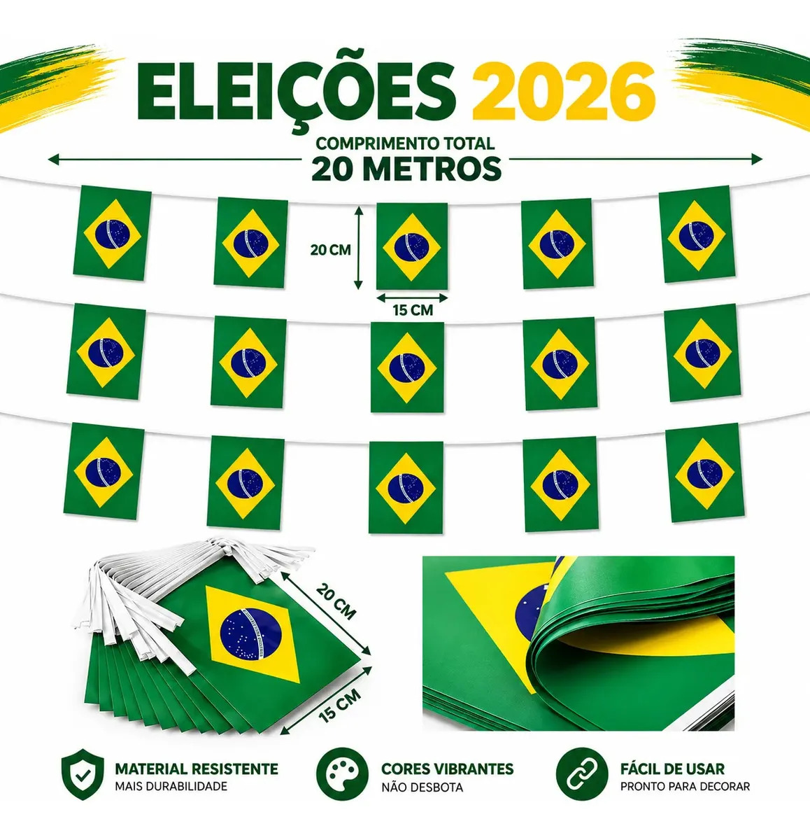 Varal de Bandeirinhas Brasil 20m para Decoração de Festa e Eventos