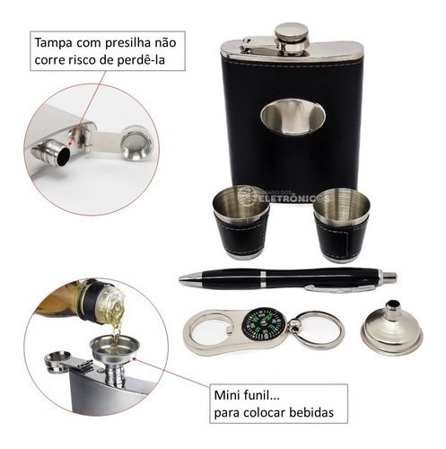 Kit Cantil Porta Bebidas Abridor Caneta Copo Whisky Chaveiro