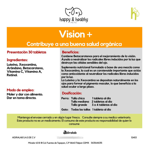 Suplemento Mascotas Vision + 100 Tabletas Perro Y Gato