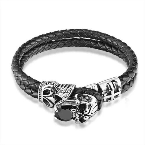 Pulsera Calavera Cuero Negro