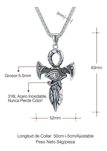 Collar De Ojos Horus De Cruz Egipcia De Acero Inoxidable .